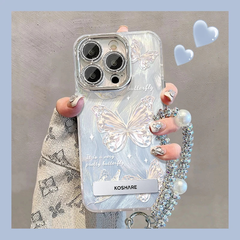 精孔羽纱渐变蝴蝶手链适用苹果16华为vivo女oppo小米手机壳WTT001