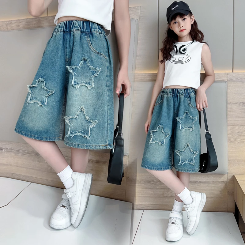 女童牛仔裤中大童大码夏季宽松破洞五分裤中裤大童韩版薄款马裤