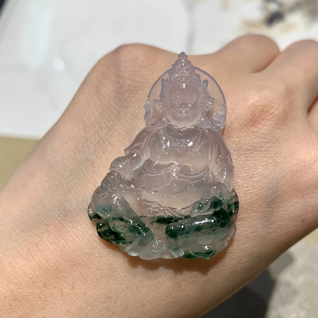 翡翠玻璃冰飘绿黄财神吊坠