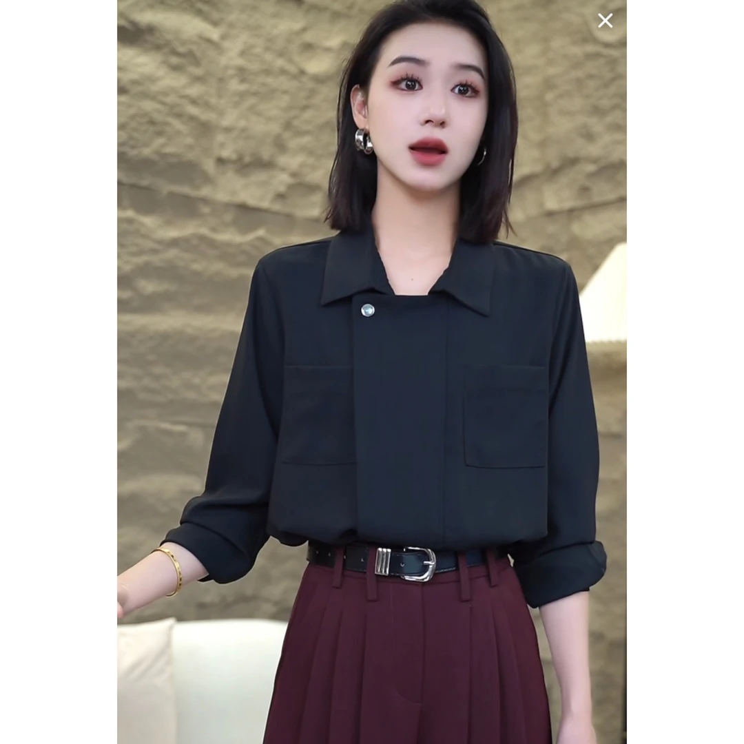 2024秋季新款设计感polo领拉链衬衫女时尚百搭气质衬衣6910