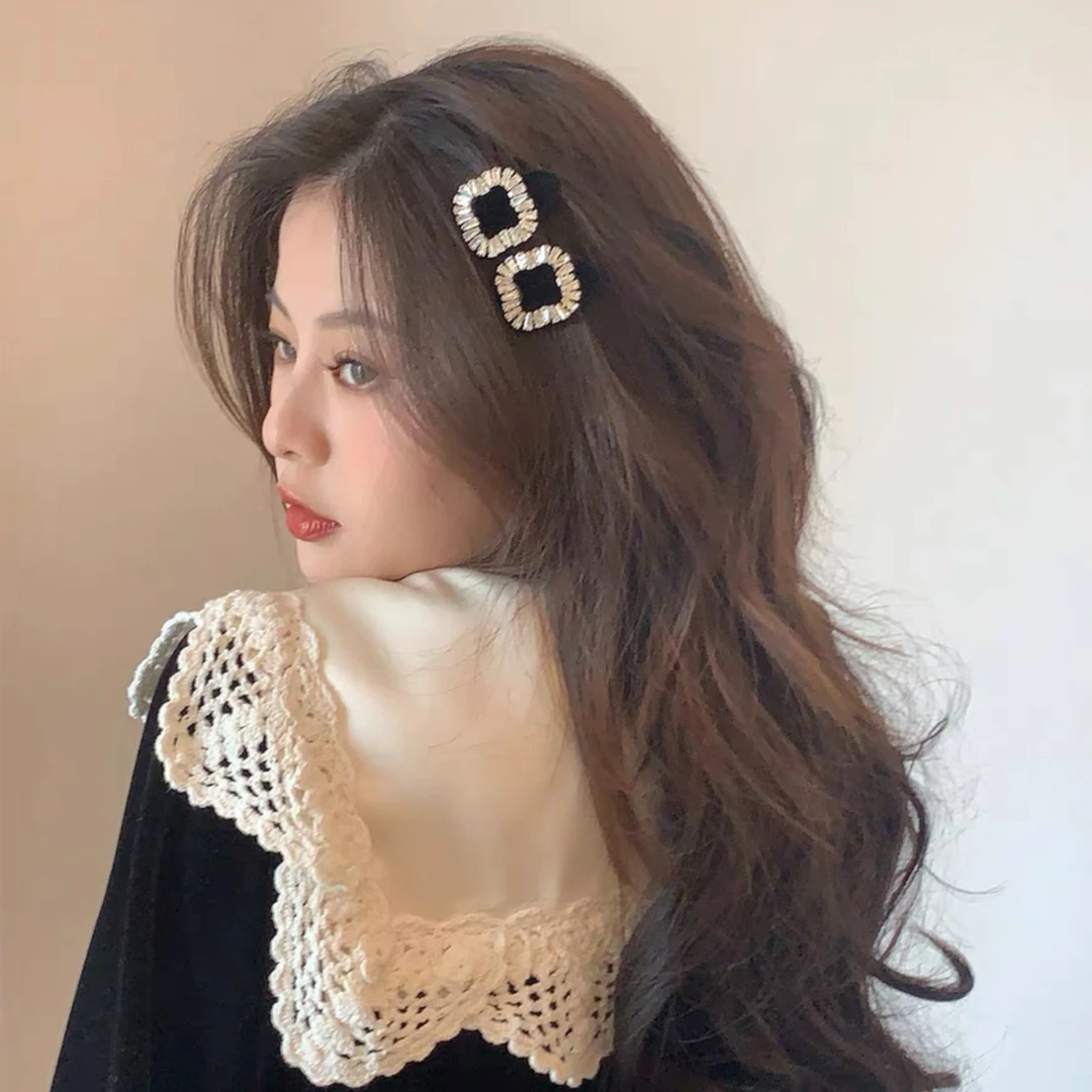 超闪水钻方扣爱心发夹高级感气质刘海夹网红少女头饰鸭嘴碎发边夹