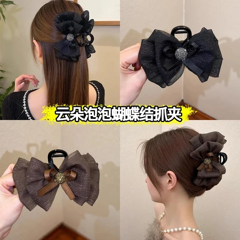 泡泡蝴蝶结抓夹女高级感秋冬网纱半扎发夹后脑勺鲨鱼夹子发卡头饰