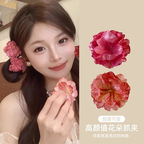 国风花花发夹侧边夹丸子头花簪花发卡马尾花朵小夹子山茶花小抓夹