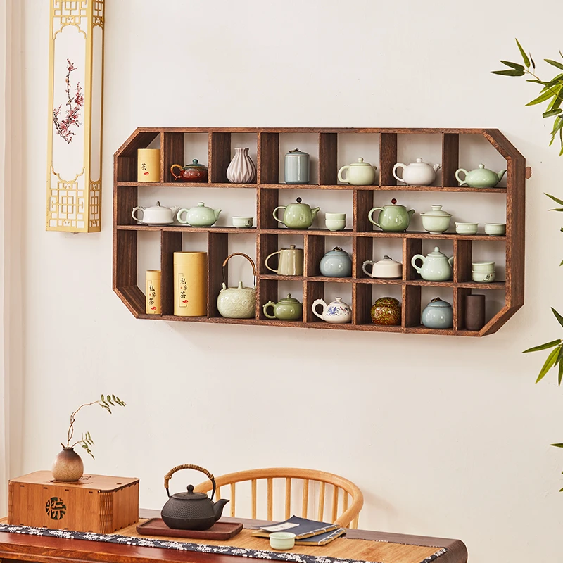 新中式壁挂上墙博古架实木茶具展示架置物架简约现代多宝阁古董架
