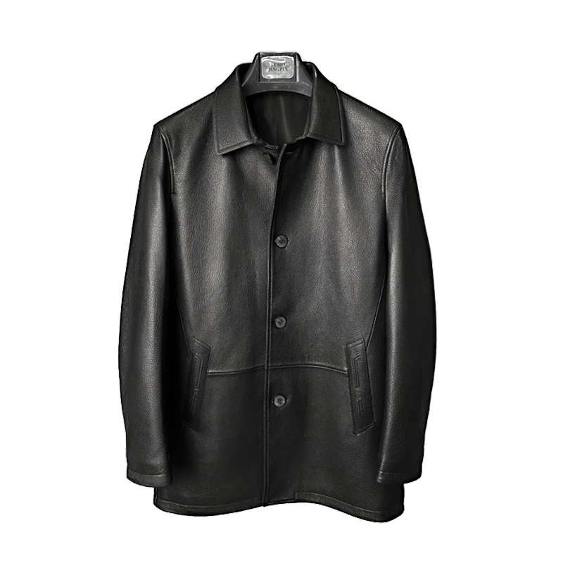 23177海宁秋冬男士翻领商务休闲中长款经典高档山羊皮真皮皮衣