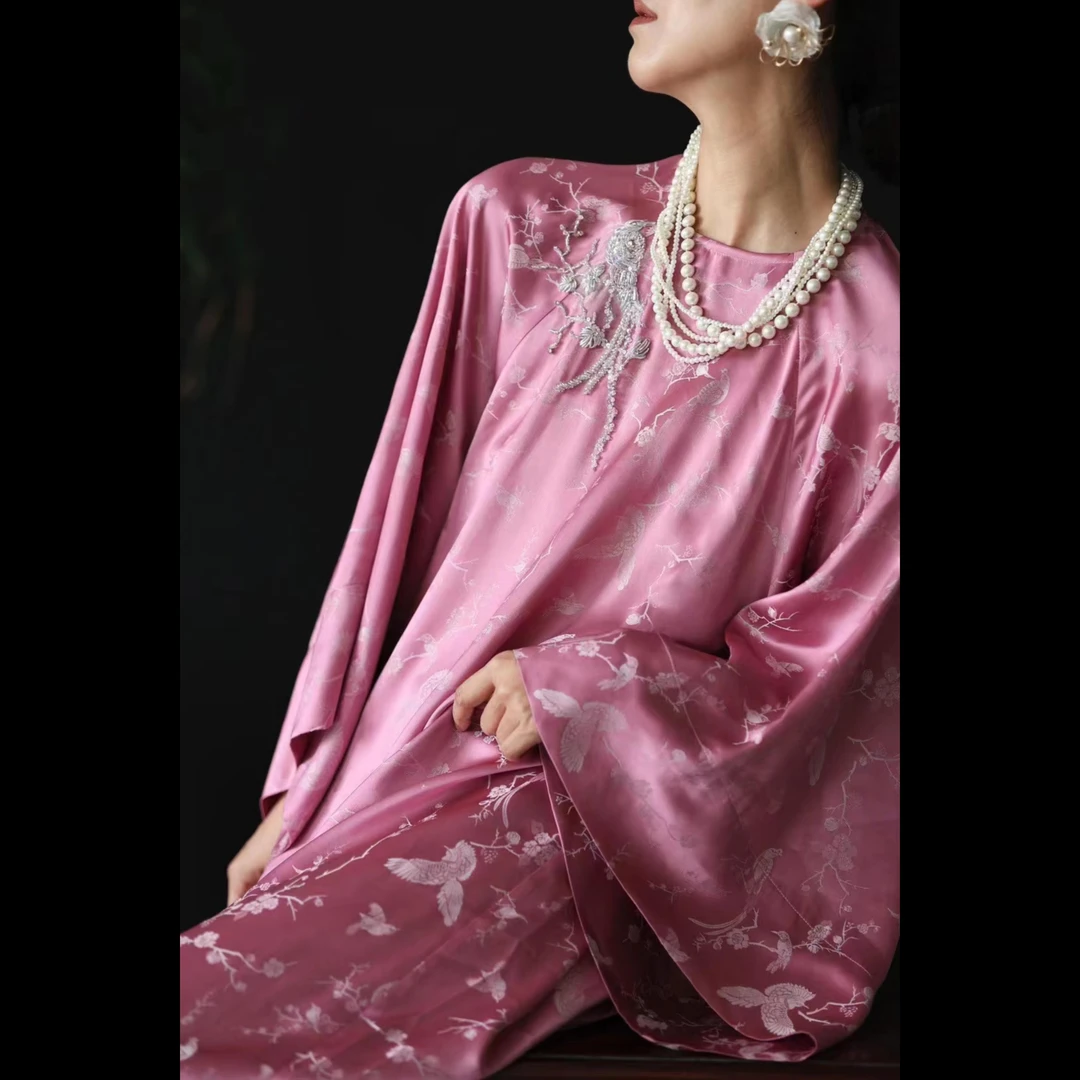 XM-高定款新中式双枝飞燕国风圆领醋酸重工女士气质飘逸连衣裙