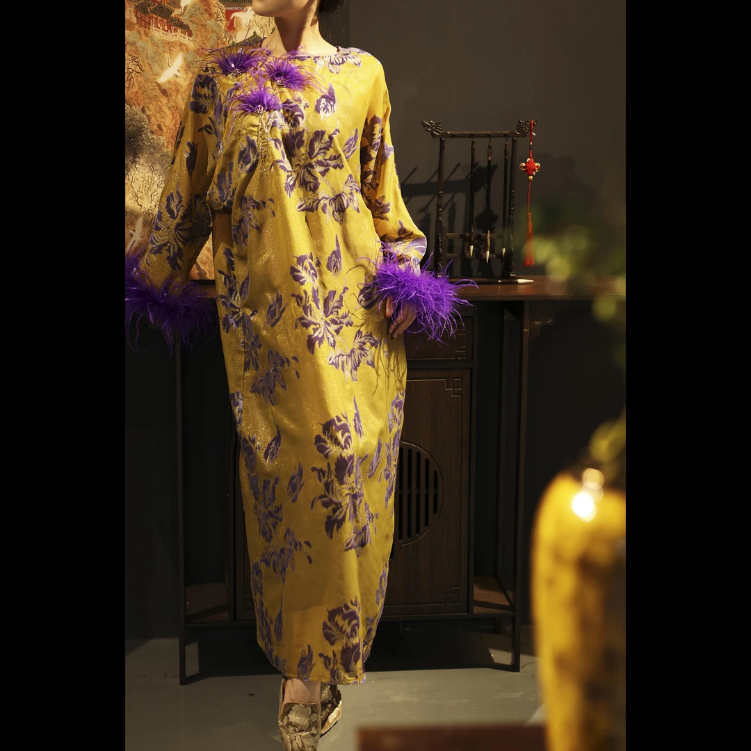 【法式· 意境】XM轻奢气质金皮植绒烧花羽毛优雅女士宽松连衣裙