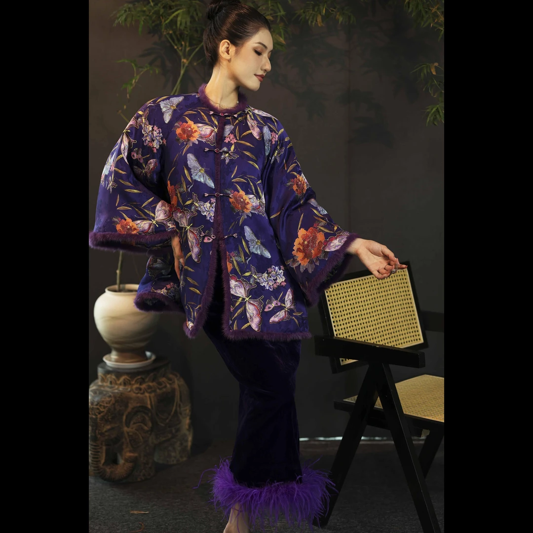 【沐·紫】XM冬季轻奢新中式时尚宽松国风圆领印花高级气质女士棉服