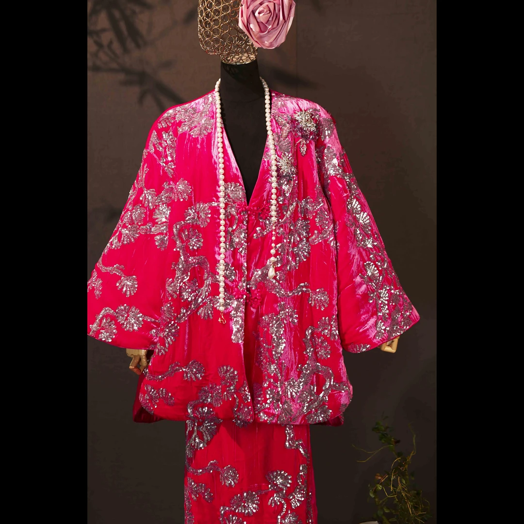 【云浅·照玫】XM冬季轻奢重工珠片刺绣丝复古晚宴会高级感女士棉服