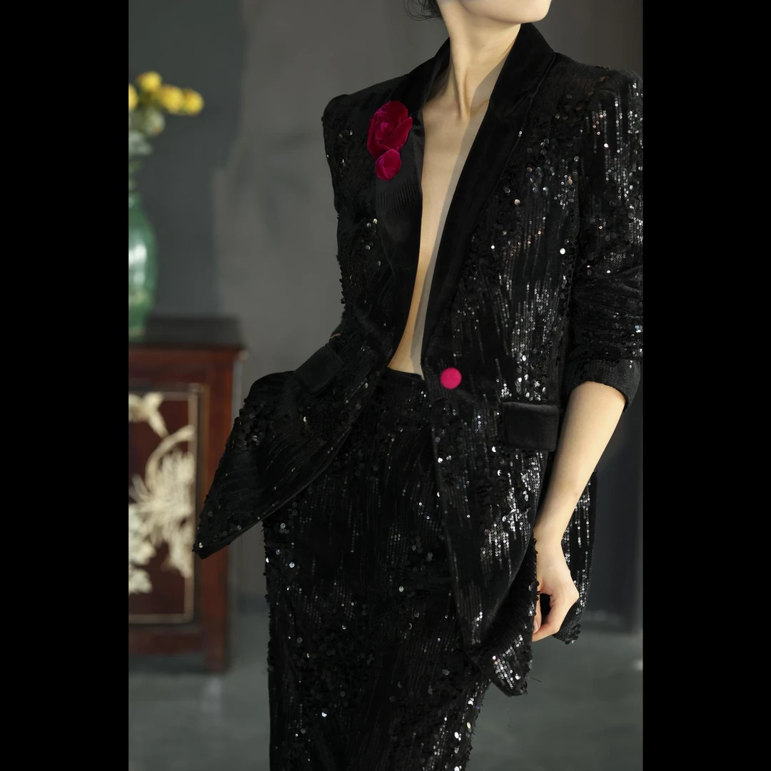 24年秋冬百搭时重工尚气质显瘦宽松轻奢丝绒亮片女士冬季西装外套