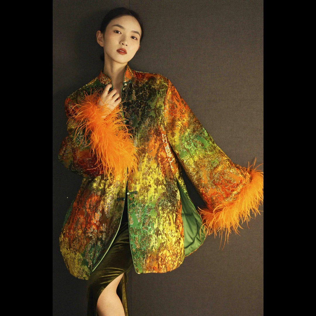 【炫·金】XM冬季轻奢高级感炫彩真丝丝绒钉珠时尚洋气气质女士棉服