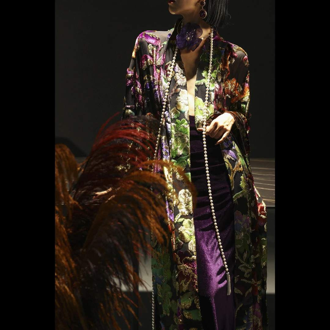 XM-2024春季奢华高档金线丝绒烧花晚宴会中式国风女装长款外披