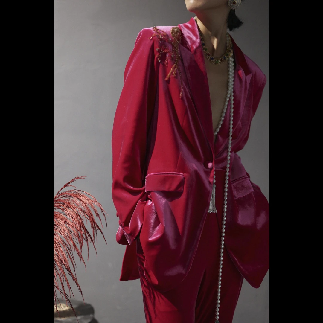 XM-24年秋冬轻奢新款欧美风重磅丝绒重工钉珠高级感长袖女士西装