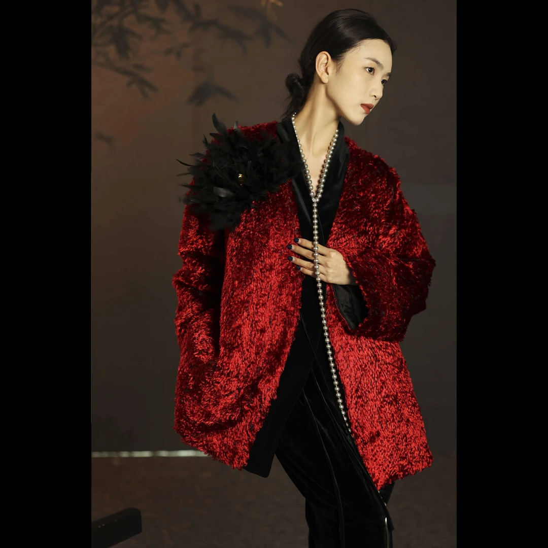 【奢红夜宴】XM秋冬轻奢高级感宴会勃艮第酒红丝绒流苏宽松女士棉服