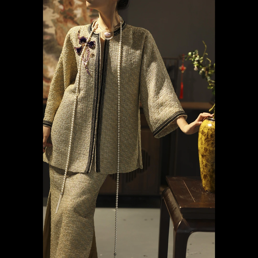 【金·韶光年华】XM24秋冬小香风重工钉珠亮丝女士大气奢华宽松外套