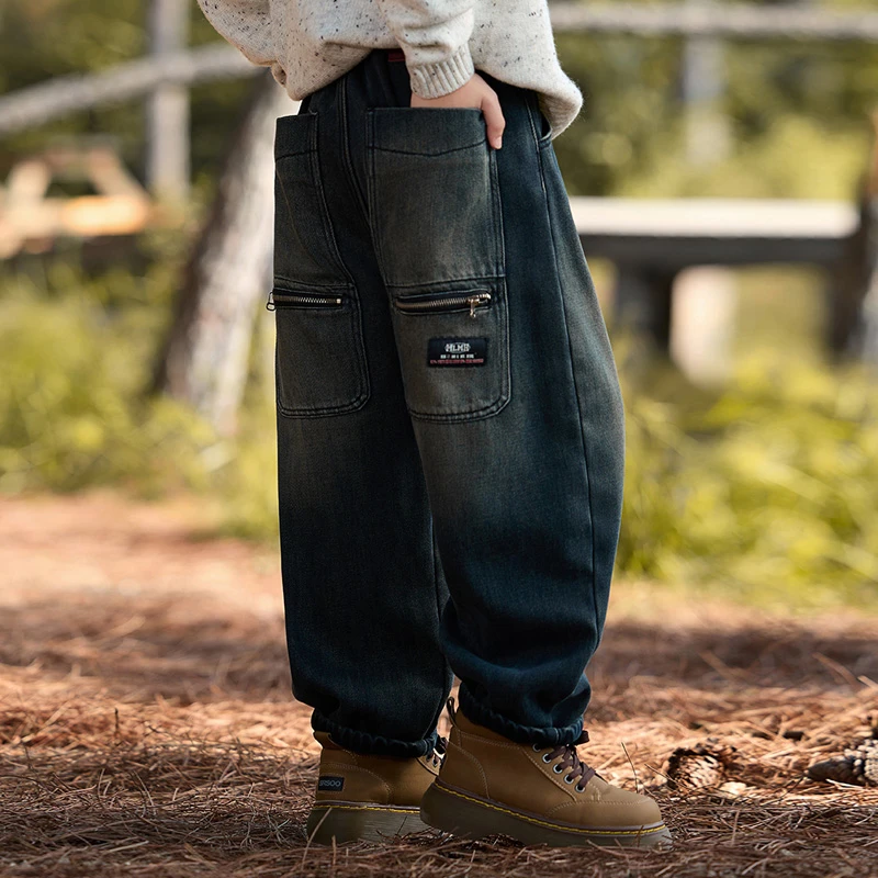 男童加绒裤子秋冬一体绒牛仔裤2024新款初中生冬季长裤加厚帅气潮