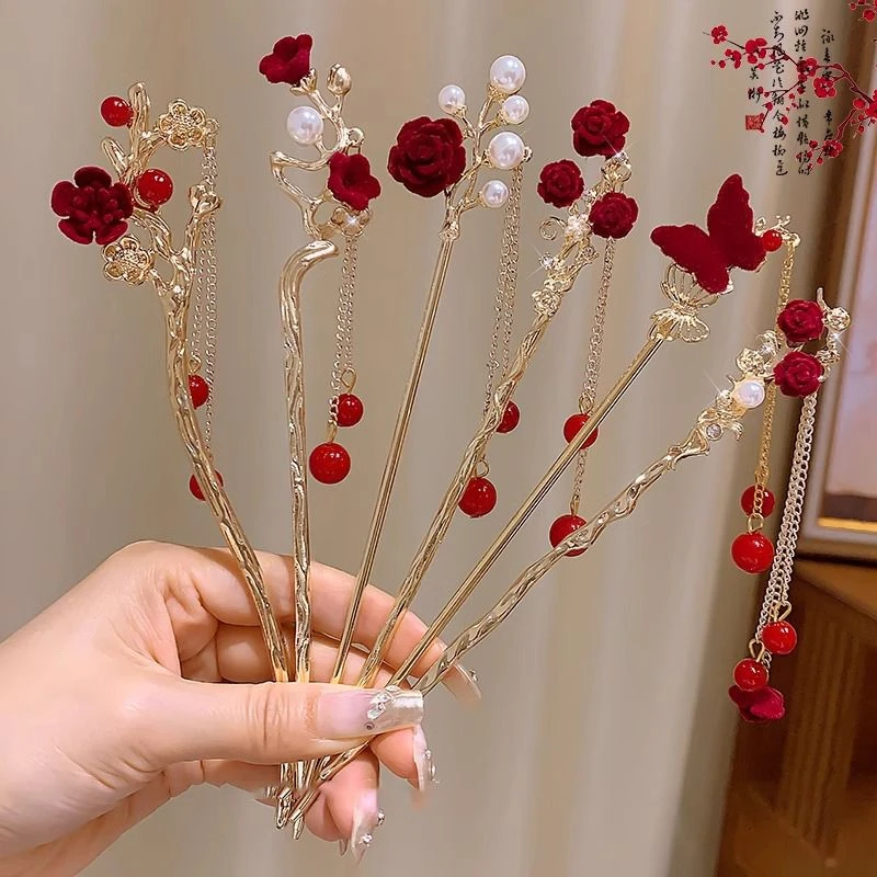 红色玫瑰相思发簪女秋冬丝绒盘发发钗古风新中式流苏簪子气质头饰