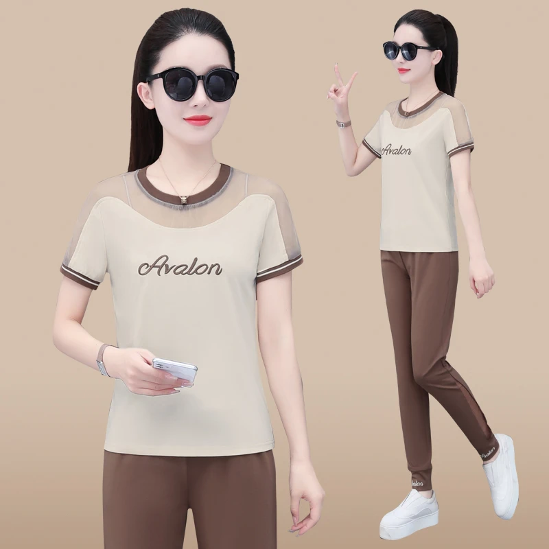 时尚运动套装女夏季新款短袖两件套韩版洋气大码雪纺中年短袖衫女