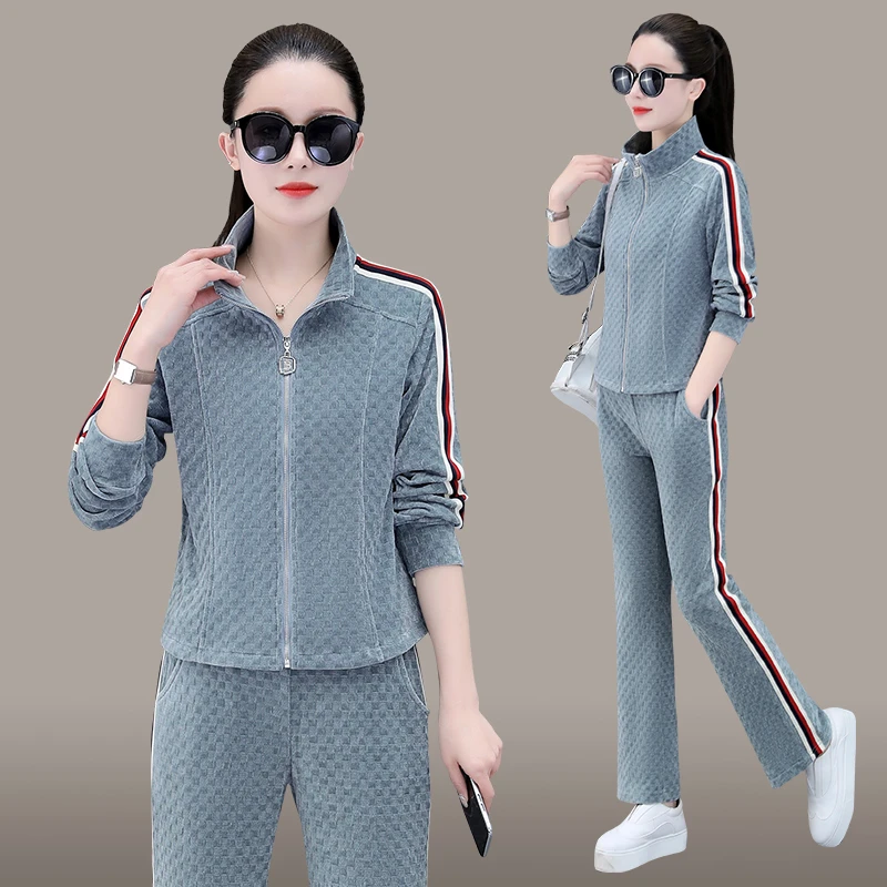 运动套装女春秋2023新款时尚美式条纹卫衣品牌跑步服休闲服两件套