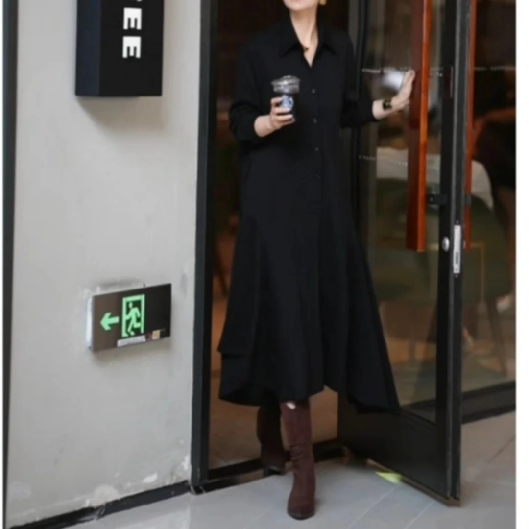 2024秋冬新款polo领长袖荷叶边裙摆气质显瘦百搭时尚连衣裙83778