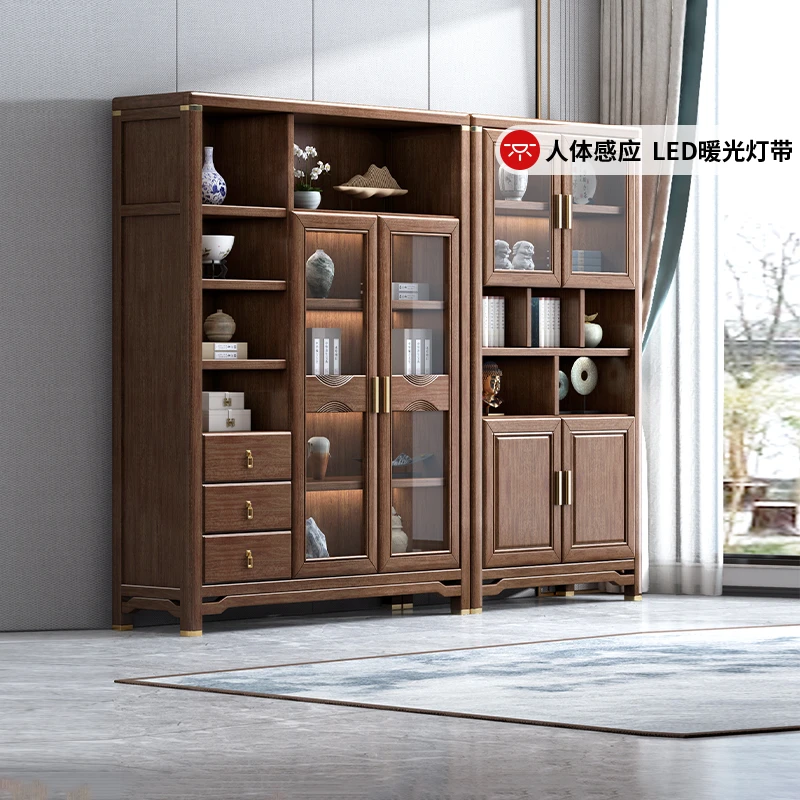 新中式实木胡桃木书柜带玻璃门带灯展示柜一体整墙轻奢M230107