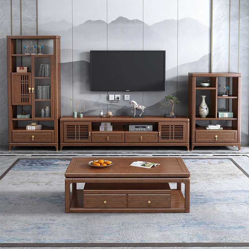 新中式实木茶几电视柜高低柜组合简约现代客厅胡桃木M220420