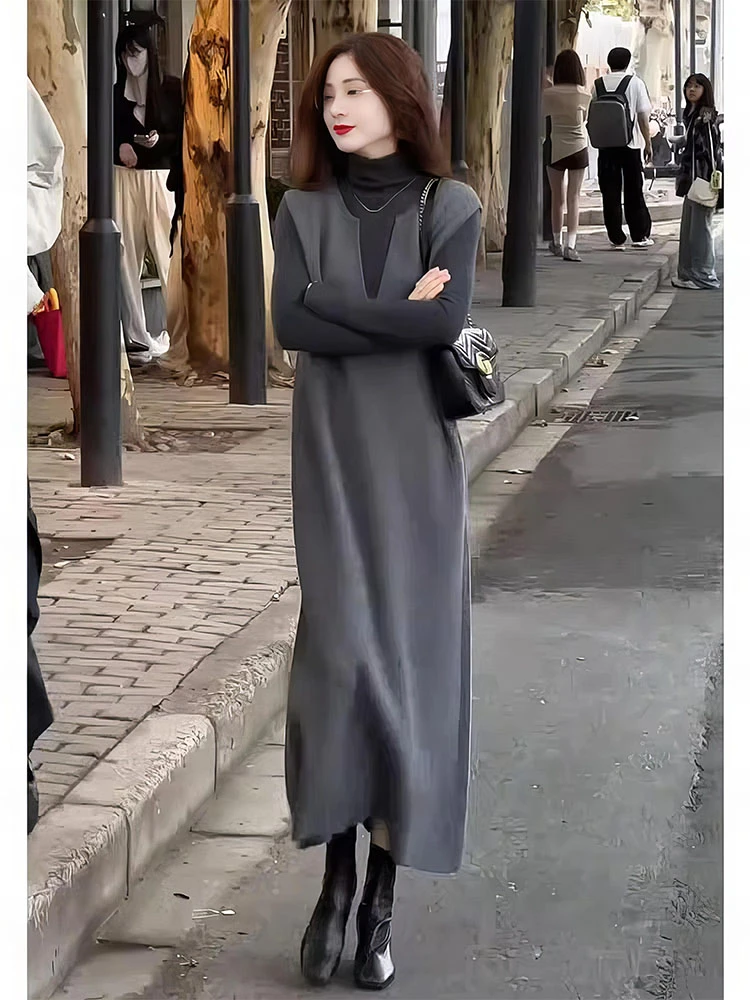 秋季气场强大名媛气质女神范高级感韩系小香风灰色背心连衣裙套装
