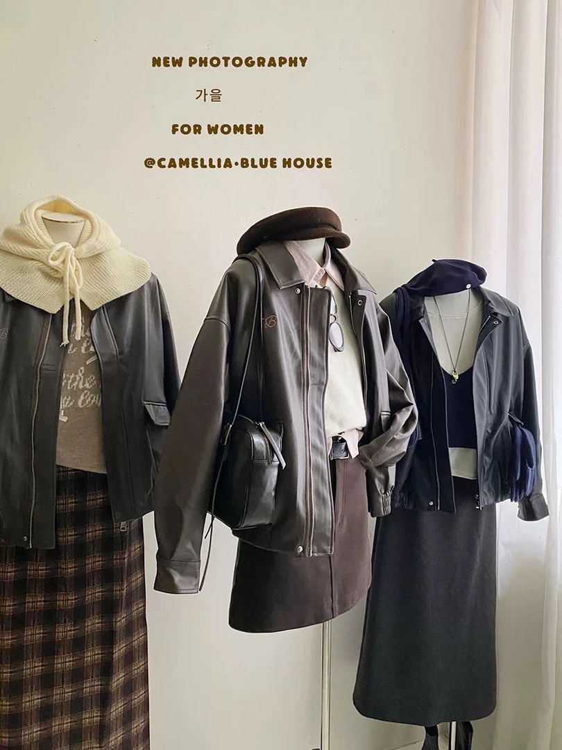 （300-399编码)秋秋服装-复古皮衣外套女秋冬甜酷飒感软皮机车上衣