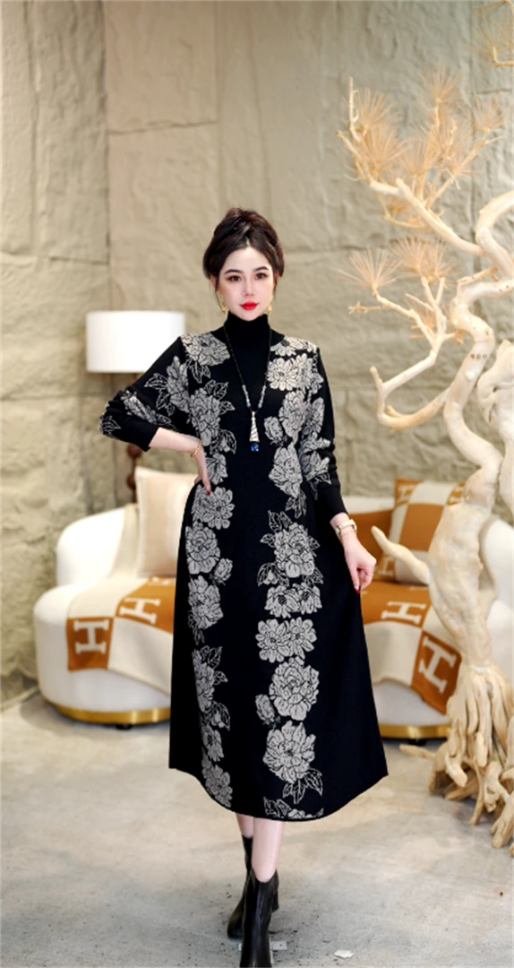 重磅【花海】秋冬高级感宽松秋冬保暖时尚气质洋气毛衣连衣裙-6628#