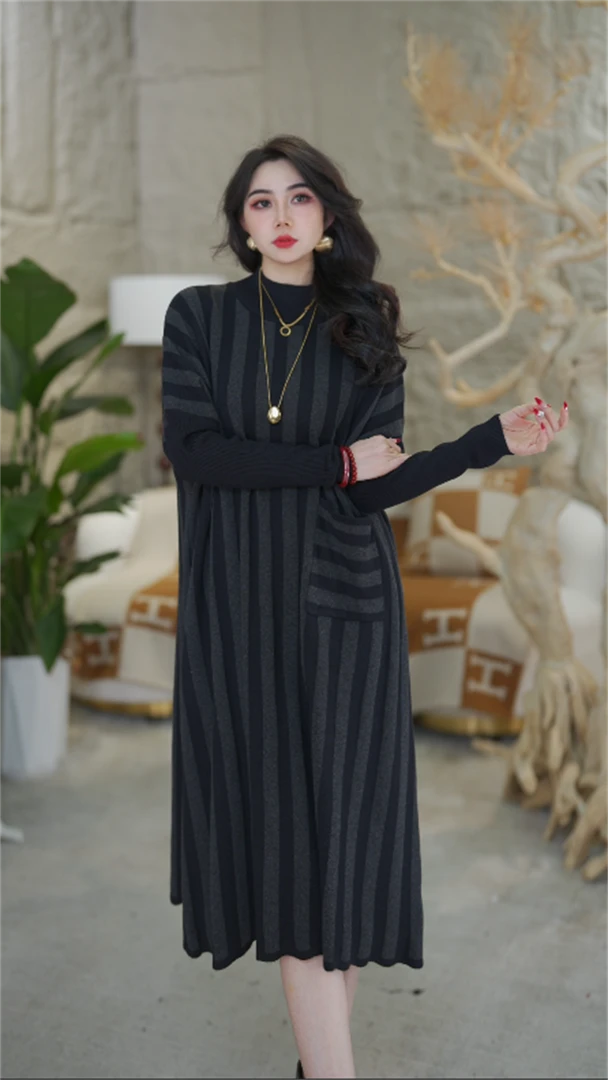 春夏新款【经典条纹】时尚百搭洋气保暖宽松重磅毛衣连衣裙-6872#