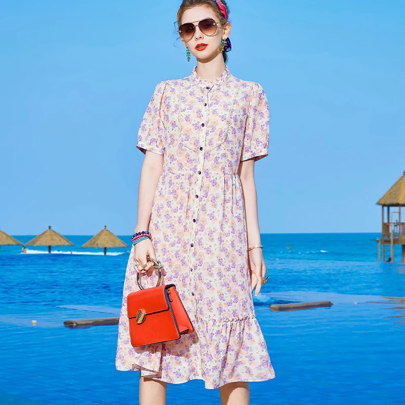 直播Q8807恩纳斯清新碎花2023年夏季新款百搭真丝桑蚕丝a字裙