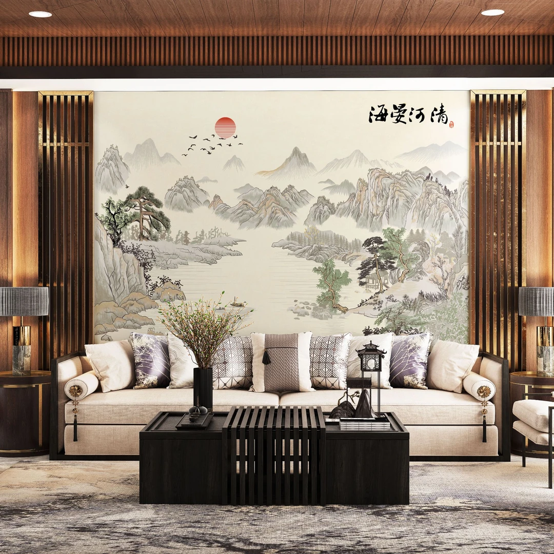 海晏河清定制款新中式刺绣背景墙布背景客厅沙发背景墙布背景