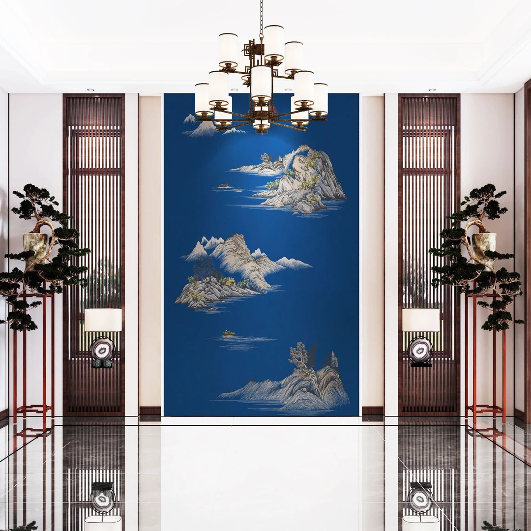 水天一色 高端刺绣玄关 挑空背景 走廊玄关 独秀玄关背景