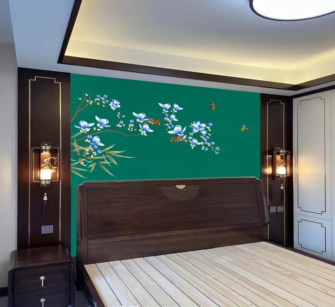 彪哥 室雅兰香 新中式刺绣 卧室 床头 电视机 独秀背景墙软装