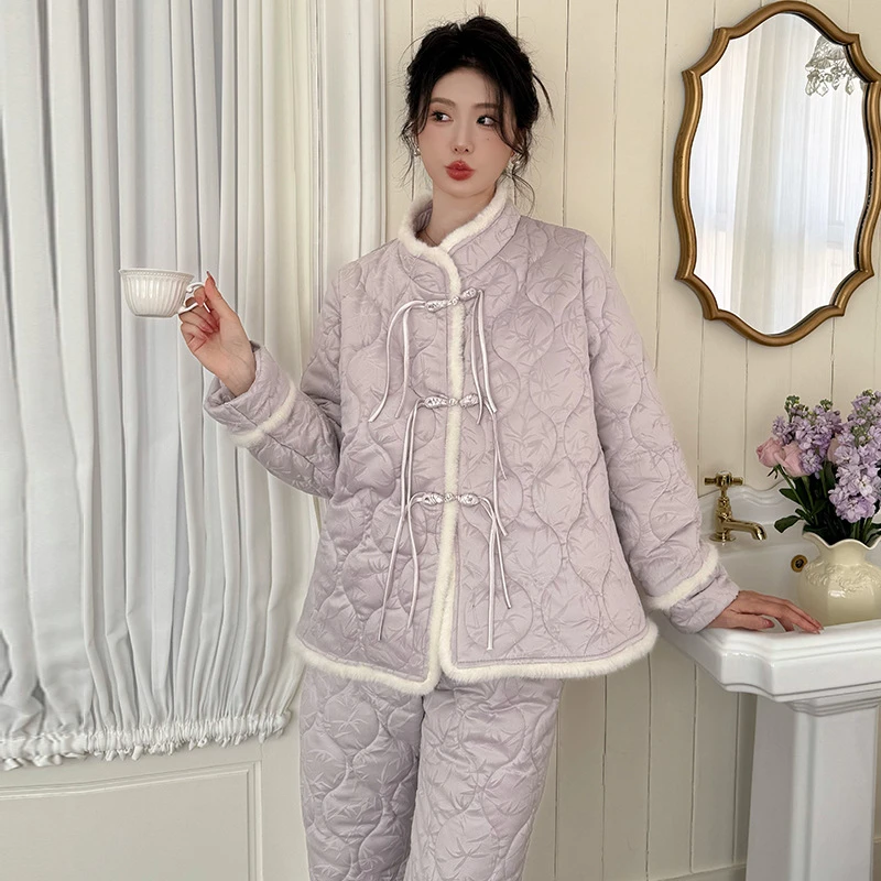 查理夫人【慕芷】三层夹棉2024睡衣女套装时尚加厚保暖冬季家居服