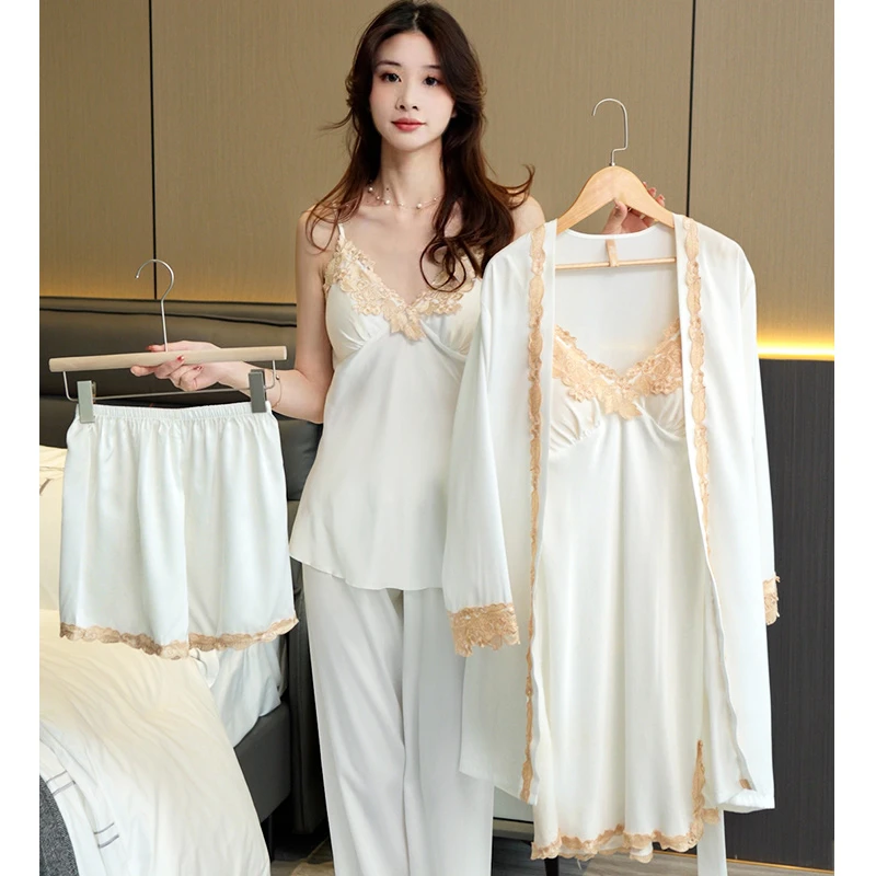 【查理夫人】五件套套装蕾丝边吊带裙纯色五件套带外袍睡衣家居服