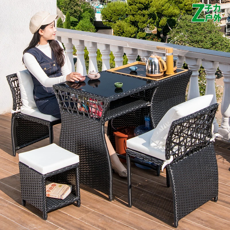 【子力品牌】可泡茶阳台庭院收纳小桌椅，PE编藤材质坐着