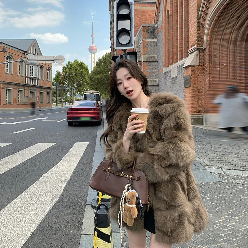 1987 fur"可可暖冬"狐狸毛皮草女年轻中长款皮毛一体真毛毛外套冬