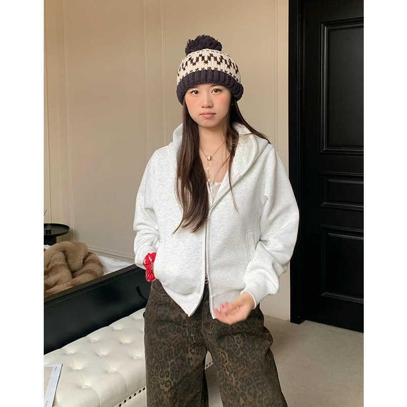 橘子树在哪儿灰色短款连帽卫衣外套女春秋款宽松慵懒风双拉链开衫