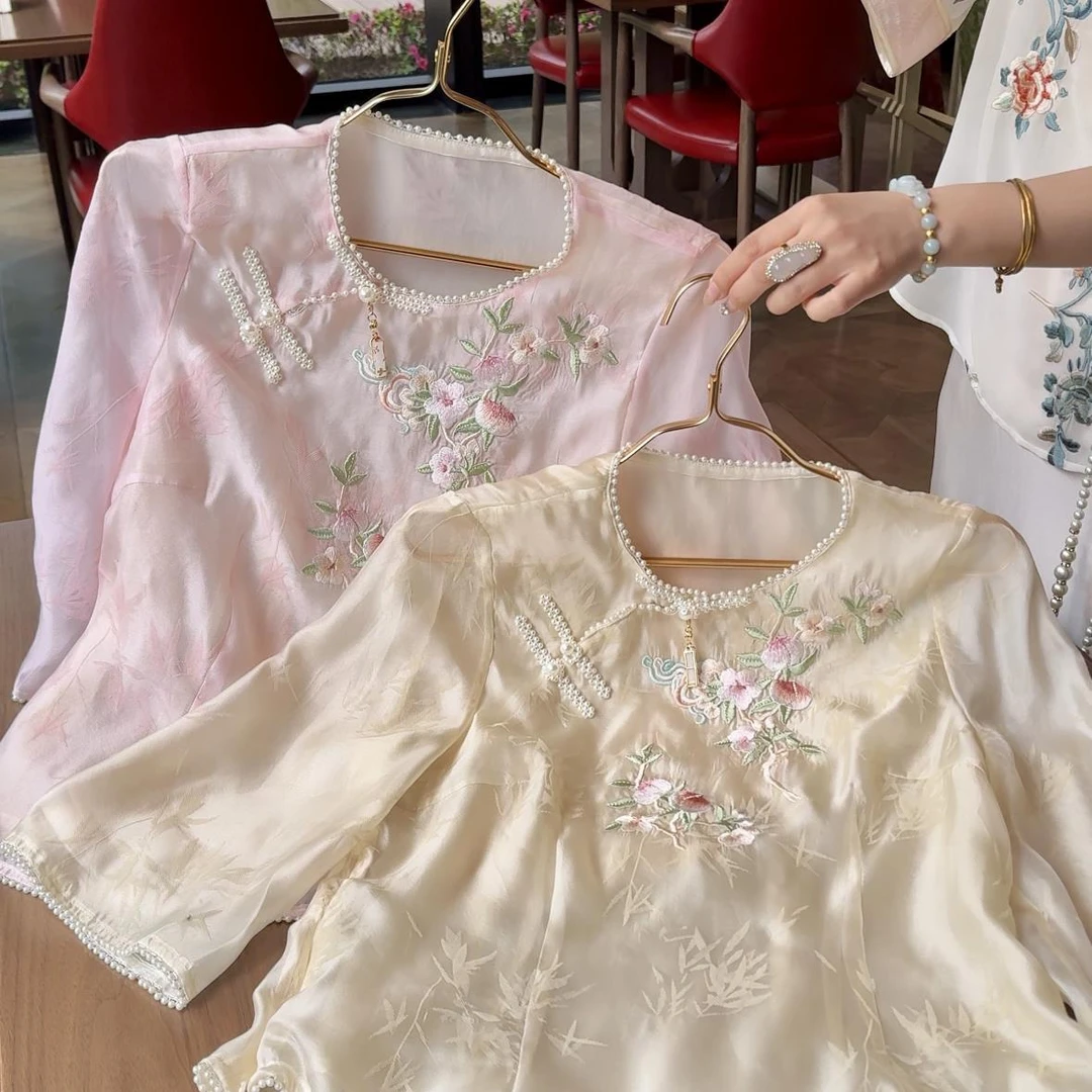 【媛珠 六月茶花】新中式古风夏季刺绣上衣衬衫中国风百搭日常薄款