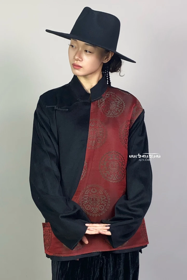 AJ-NAMO原创设计红色吉祥团纹拼接款斜襟外套