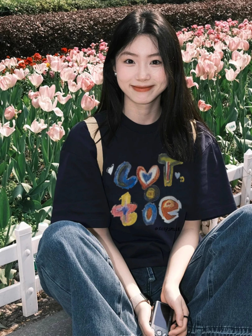 藏蓝色纯棉短袖t恤女夏季美式复古学生宽松百搭情侣半袖上衣ins潮