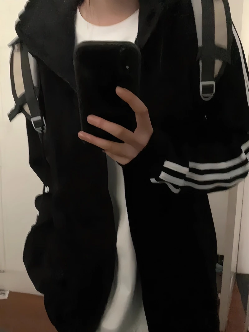 三条杠黑色连帽卫衣女秋冬加绒加厚学生情侣宽松休闲运动开衫外套