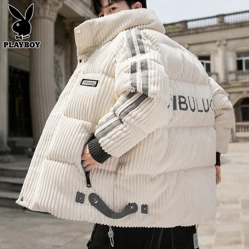 PLAYBOY男款羽绒服男士冬季加厚保暖灯芯绒潮牌帅气立领外套男装