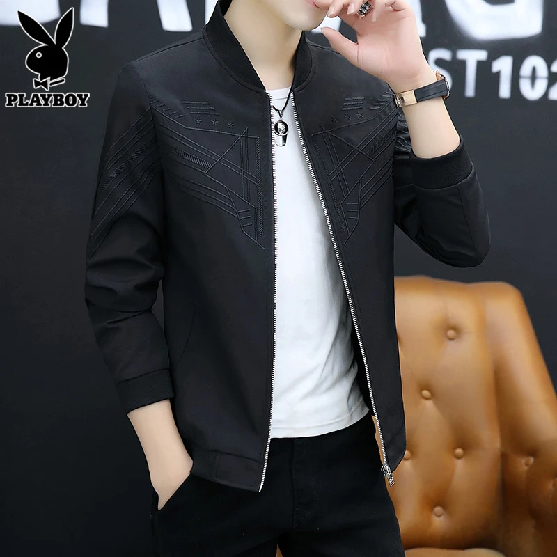 PLAYBOY外套男士秋冬款加绒加厚韩版潮流刺绣棒球领夹克男款大码