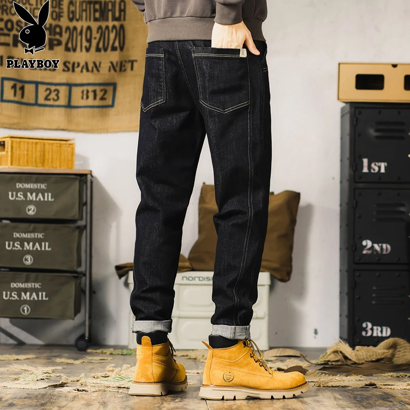 PLAYBOY潮牌牛仔裤男款2023秋冬季新款宽松直筒休闲哈伦长裤子男