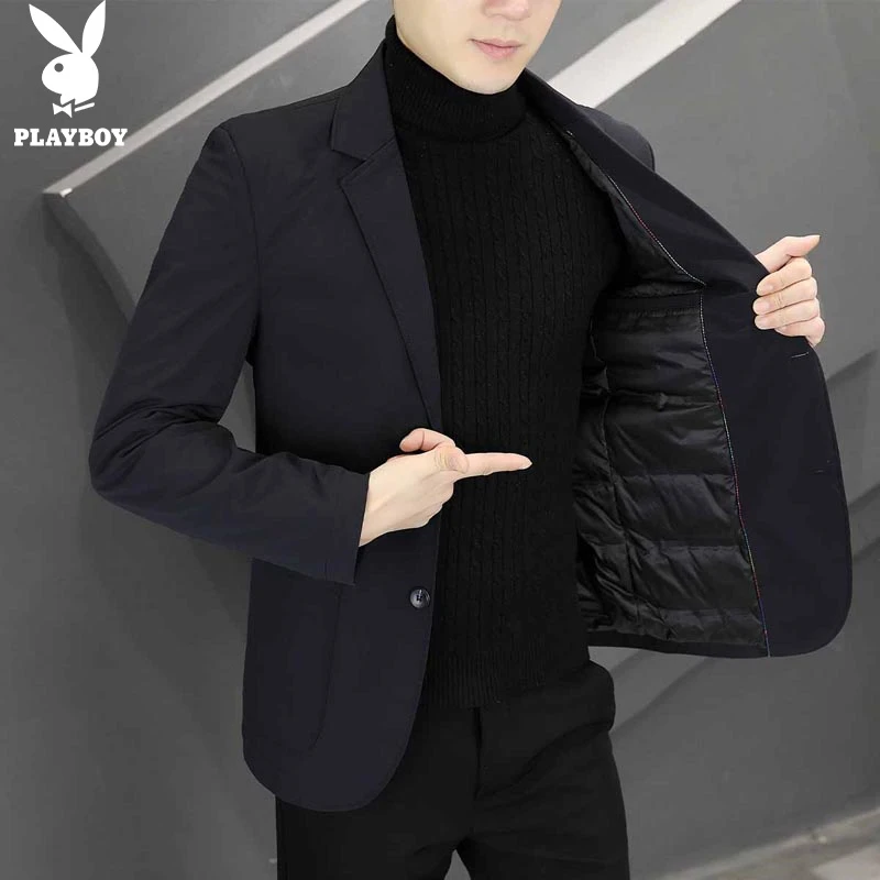 PLAYBOY羽绒西服男款秋冬修身男士小西装外套商务单西上衣服男装