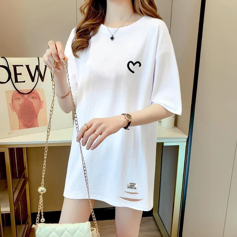 100纯棉短袖中长款打底宽松体恤女白色时尚遮屁股韩版半袖显瘦ins