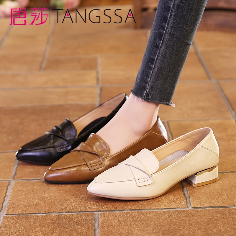 TANGSSA/唐莎粗跟时尚通勤谢妈妈鞋6055休闲软底真皮春季鞋子