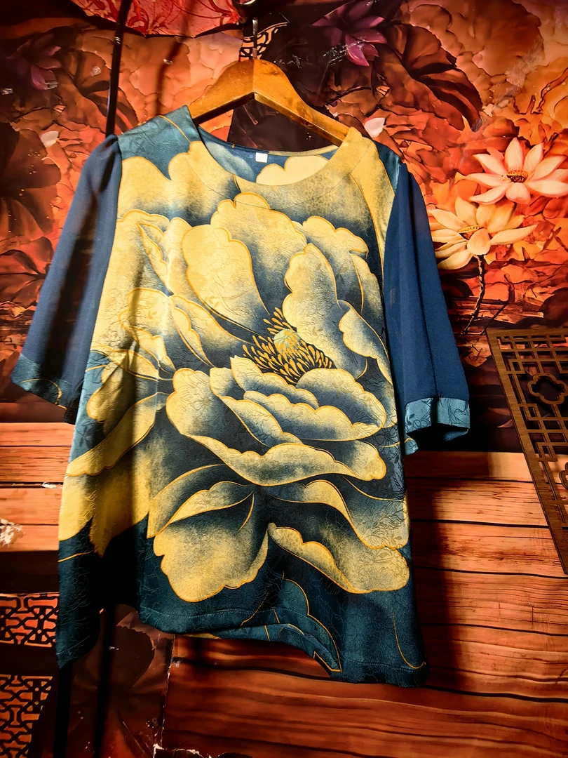 中老年女装复古气质重磅提花圆领高端短袖